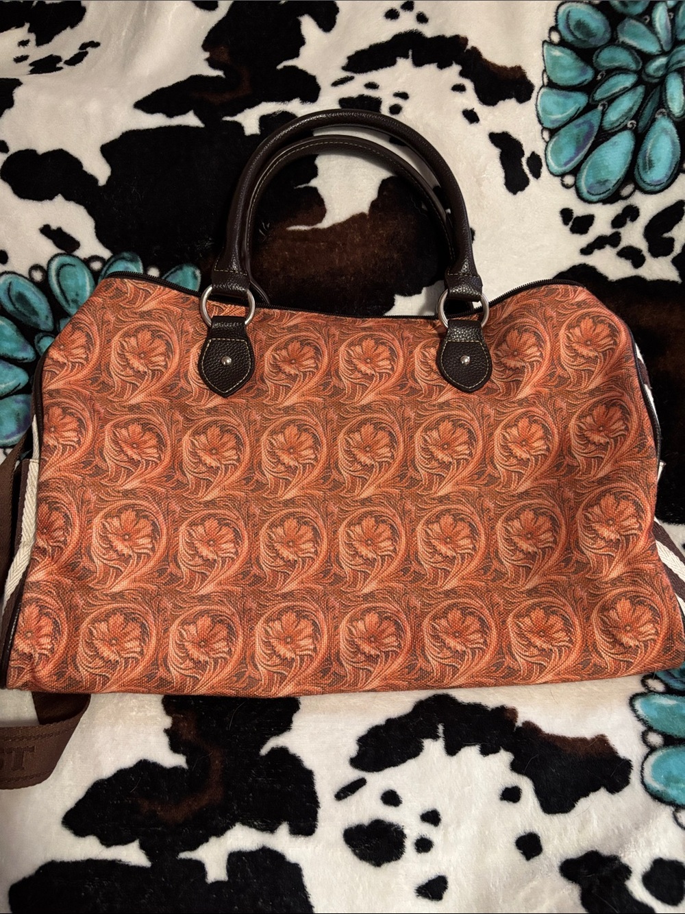 Montana West Orange Patterned Tote with Dark Brown Handles